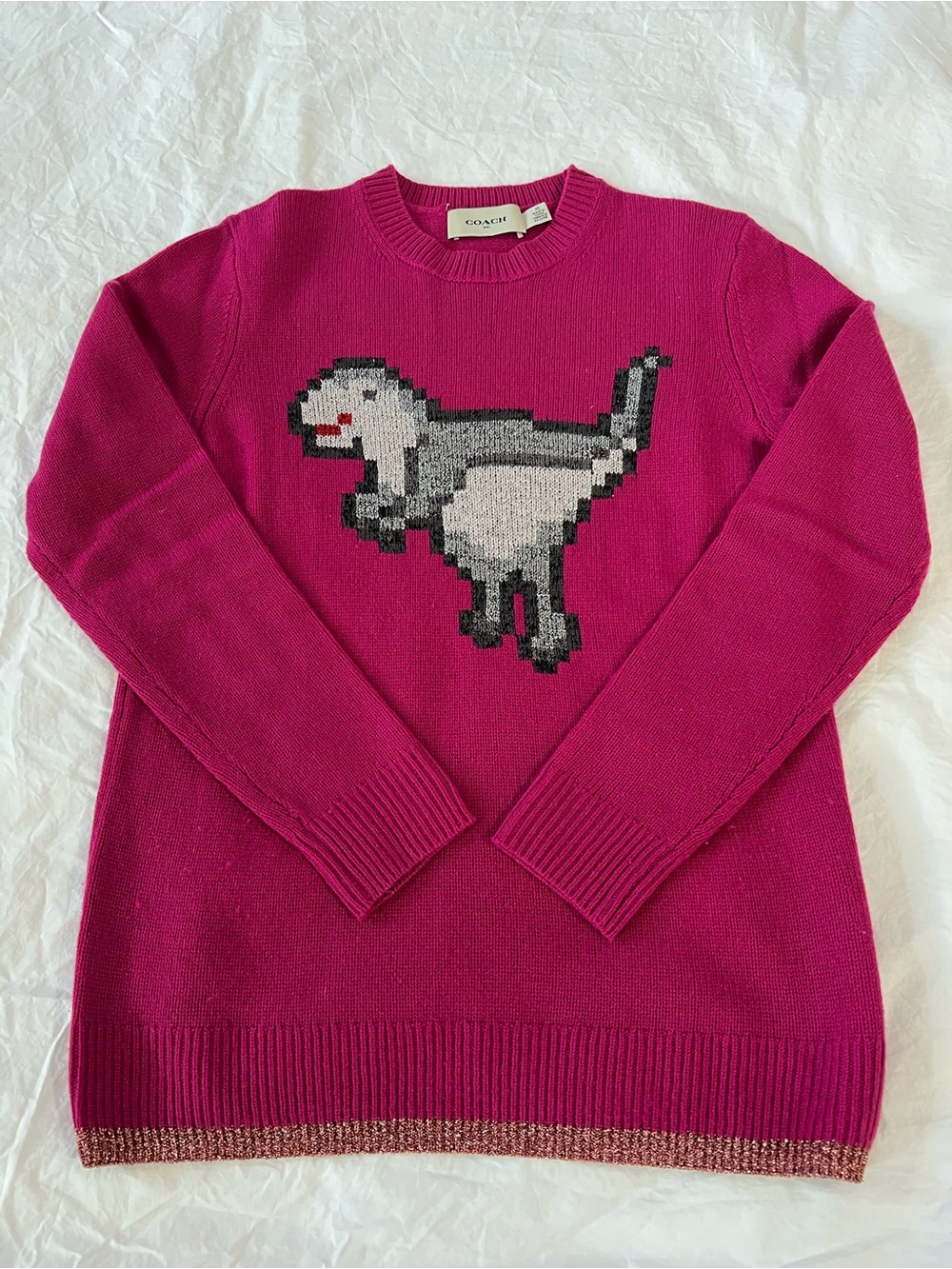 Coach Hot Pink Sweater with Pixel Dinosaur Motif